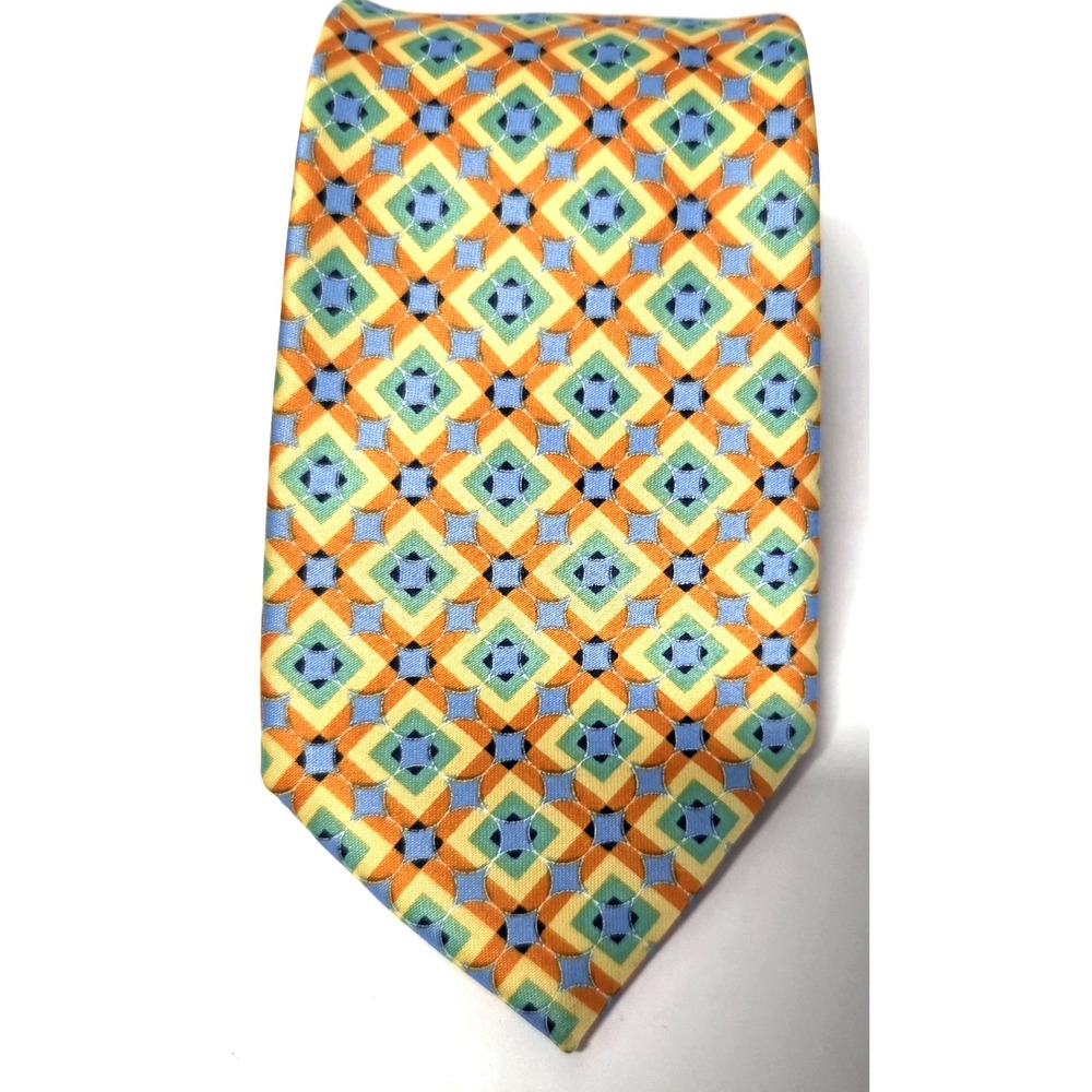 Perry Ellis Necktie Orange/Yellow/Blue/Mint Geometric Diamond Print Poly Tie - Picture 2 of 8